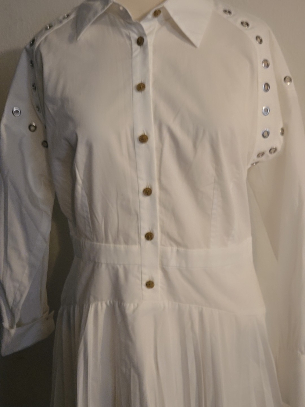 White Button-Front Eyelet Sleeve Shirt Dress